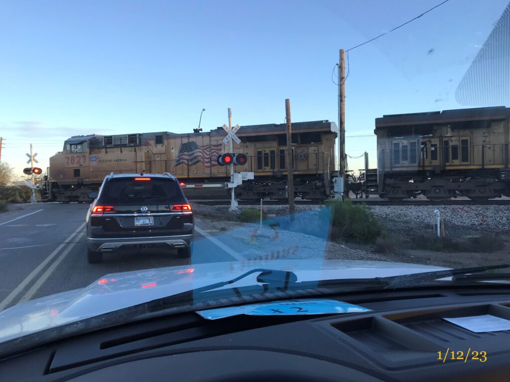 train engine seen from a car windshield