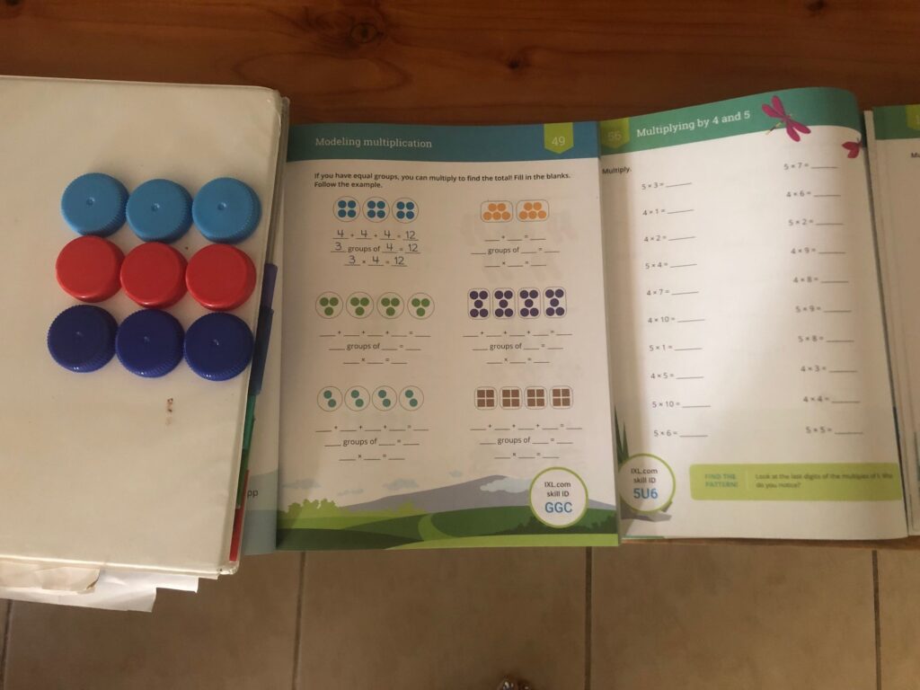 multiplication shown with circles, then drawn circles with blanks for numbers, then just numbers