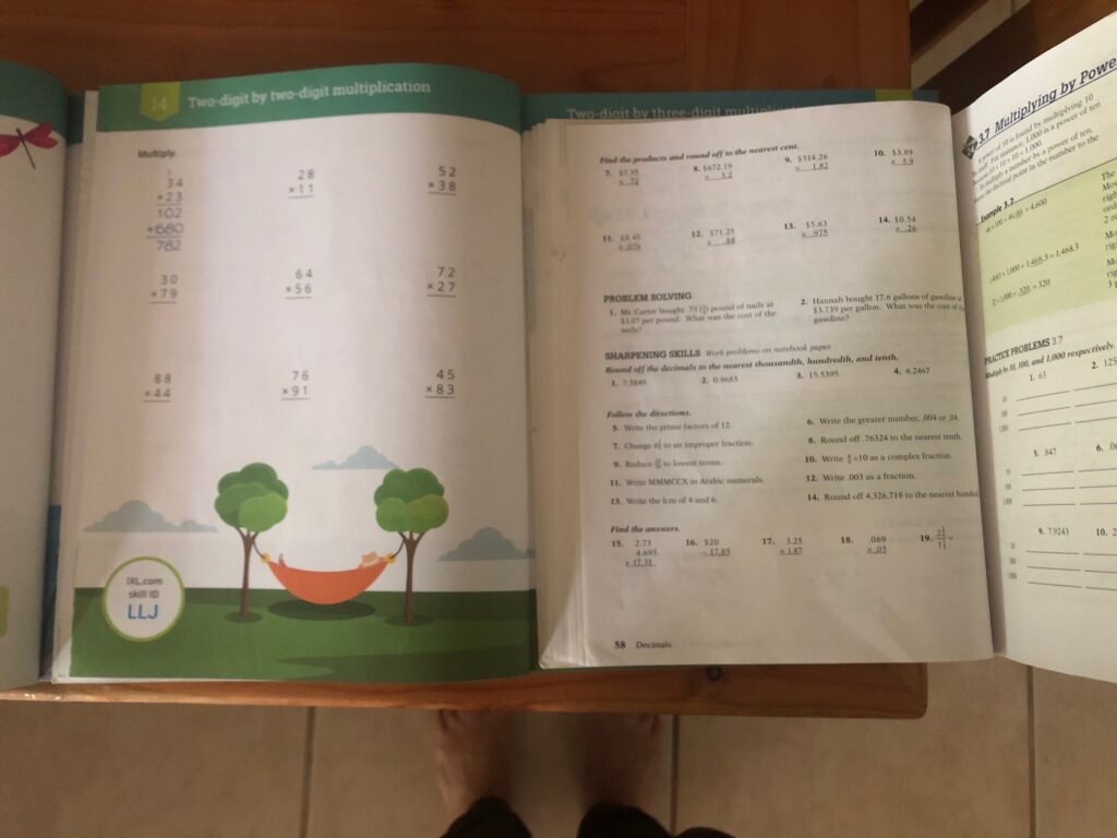 pages showing multiplying 2 digits by 2 digits, then showing multiplying many digits and decimals