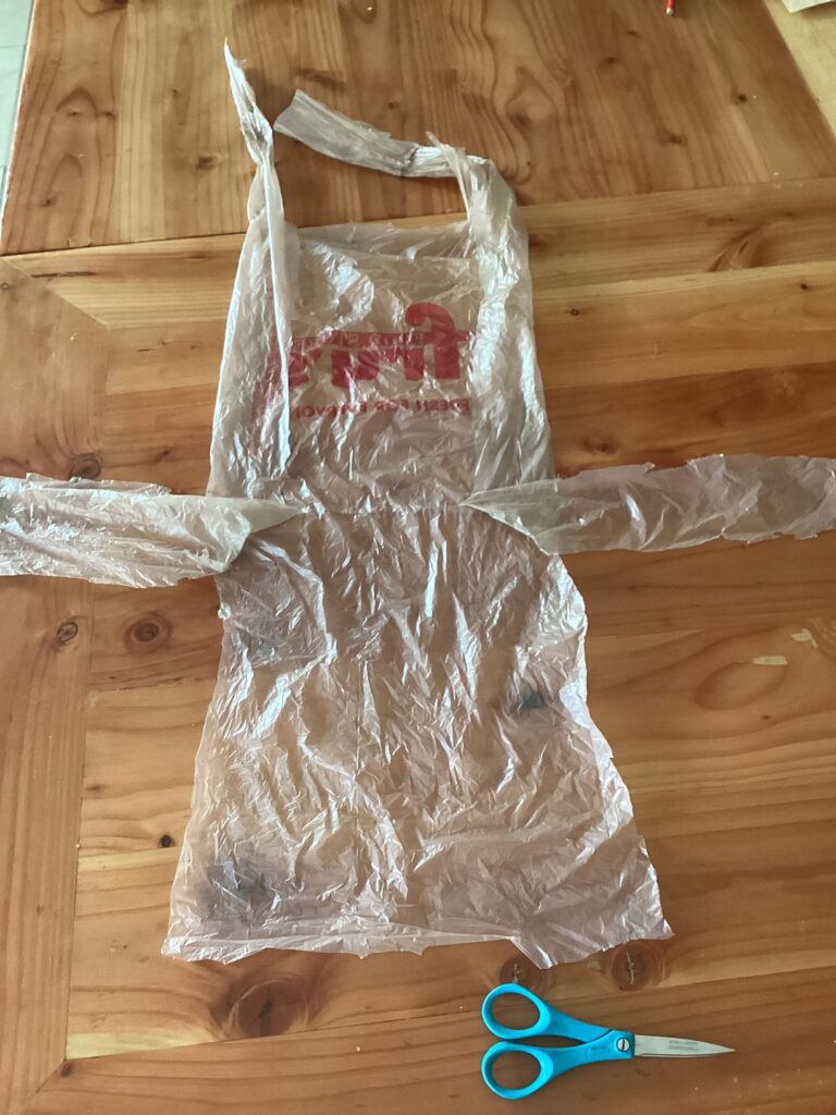 a plastic bag with both handles cut on one end, the sides cut so it can lay open, and a flap cut up from the bottom on each side