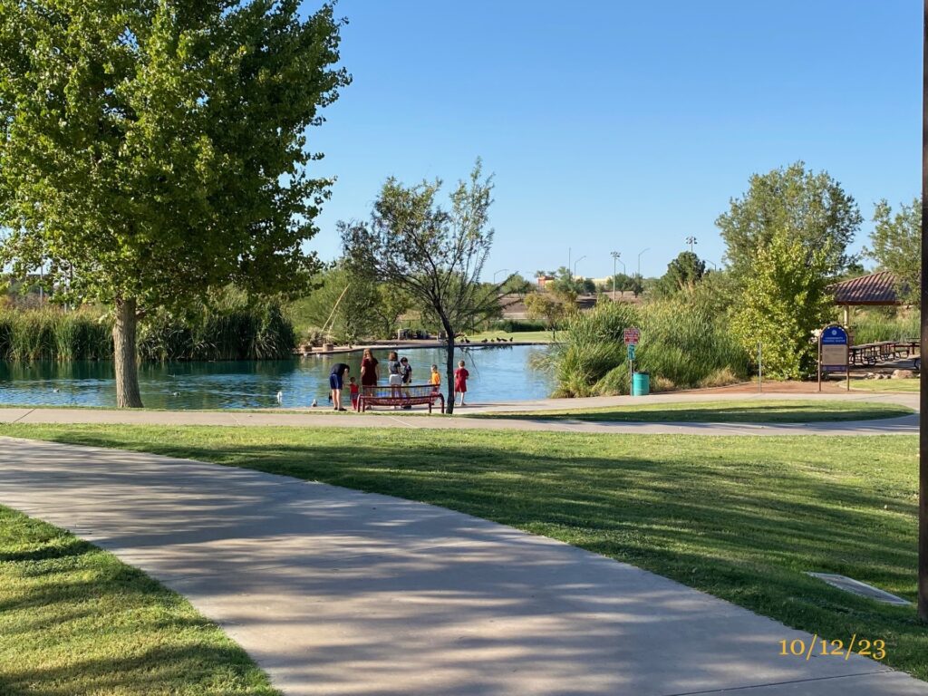 a park with children in the distance