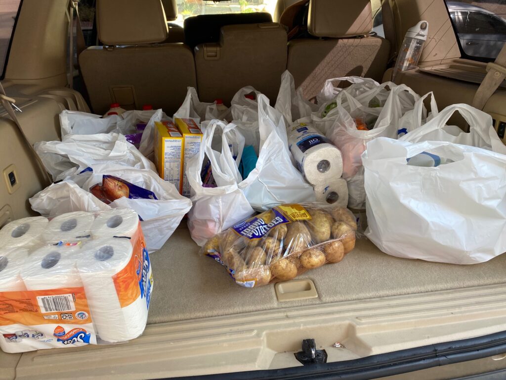 The back of a vehicle very full of groceries