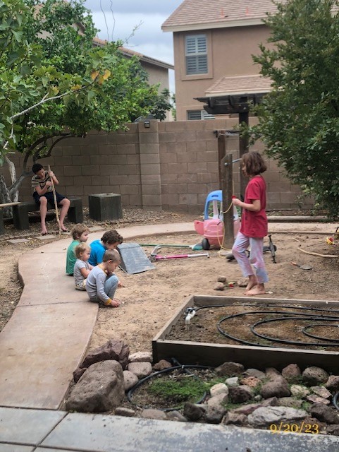 children having a play meeting in the yard