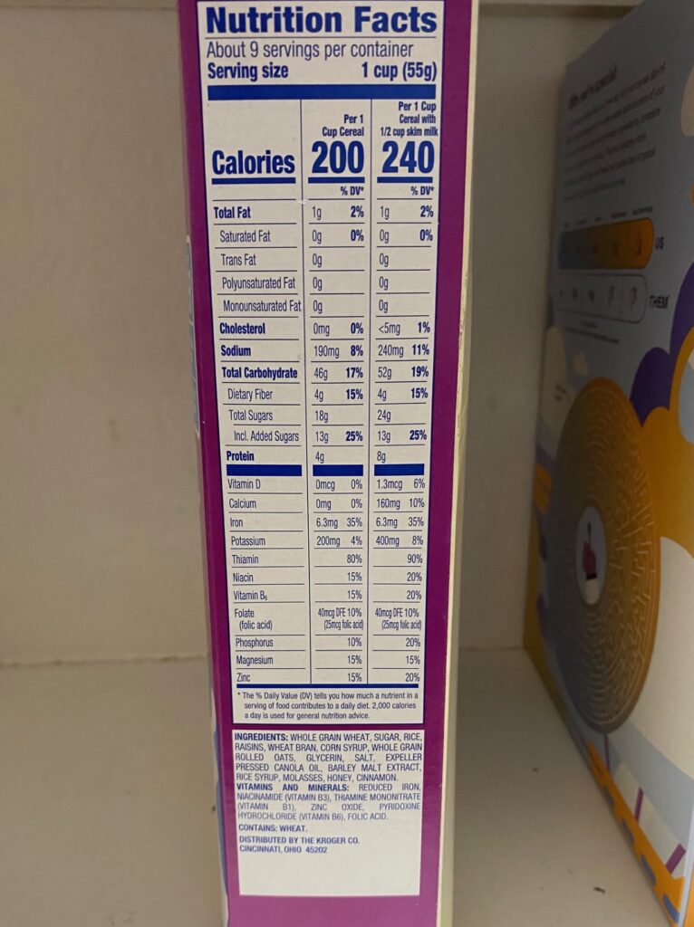 a box of cereal showing nutrition facts