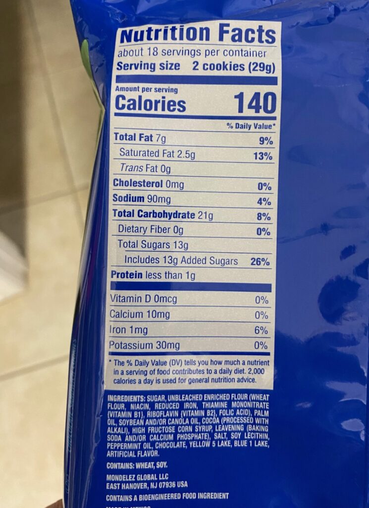 a package of cookies showing nutrition facts