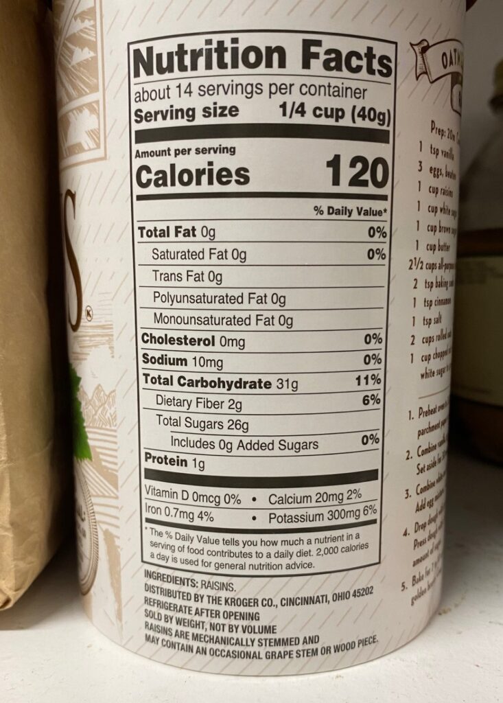 a package of raisins showing nutrition facts