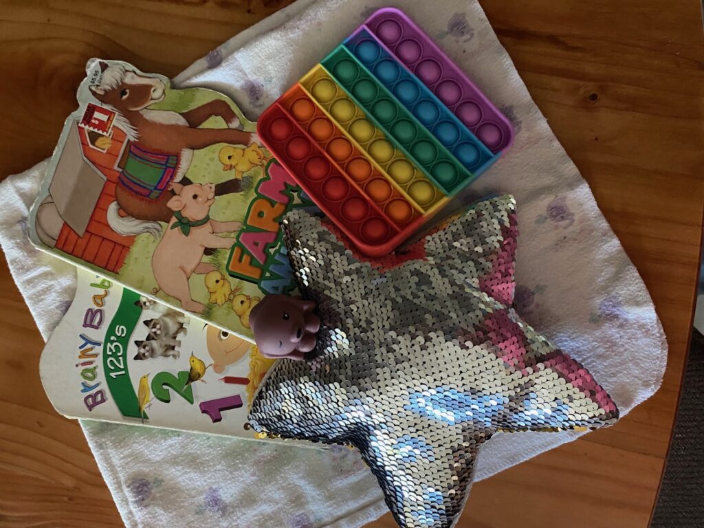 some baby books and toys on a baby blanket
