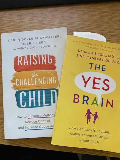 two books, one titled "Raising the Challenging Child" and the other titled "The Yes Brain"