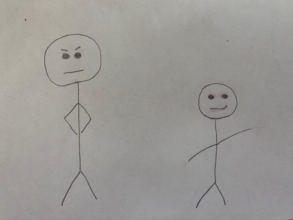 stick figure drawing of a stern parent and a child that doesn't care