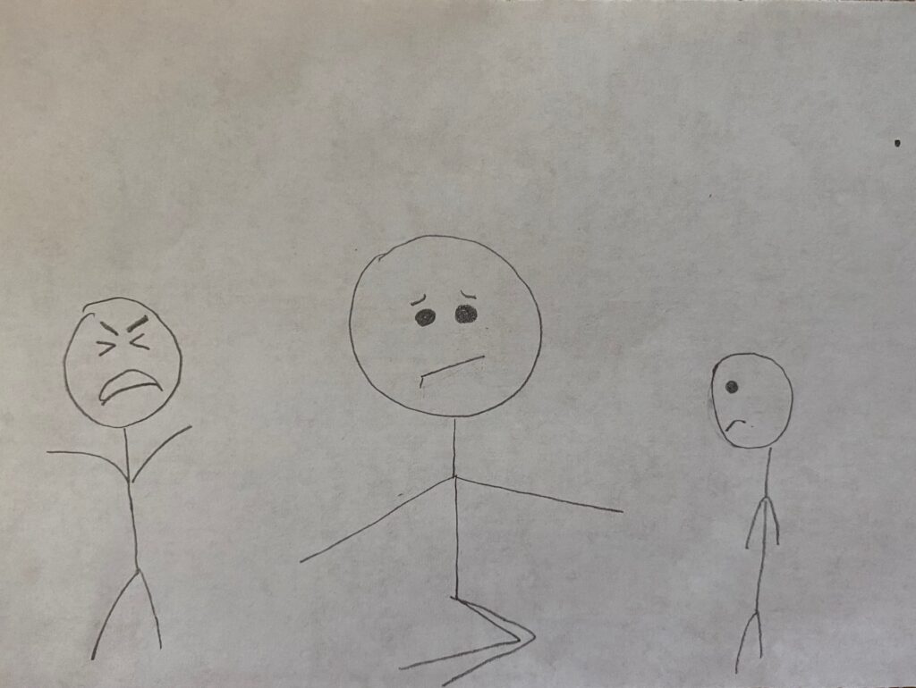 stick figure drawing of upset children and compassionate parent