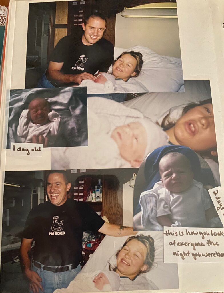 a scrapbook page of pics of a new baby and parents