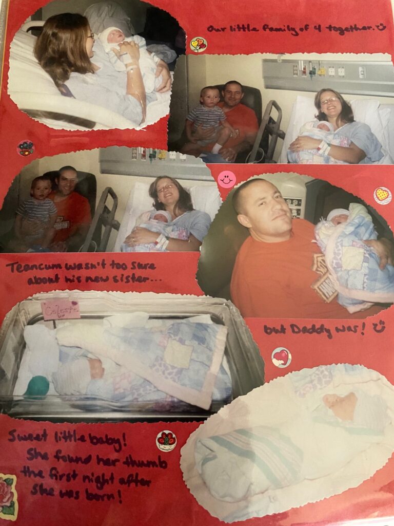 A scrapbook page with parents a toddler and a new baby