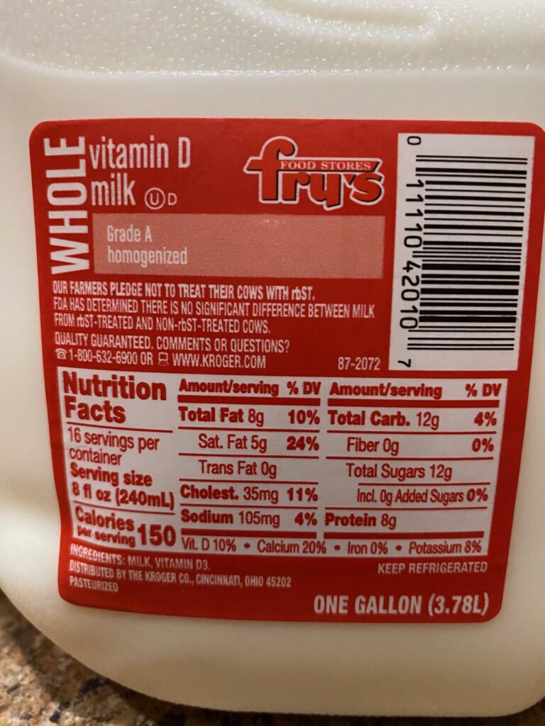 nutrition facts of whole milk