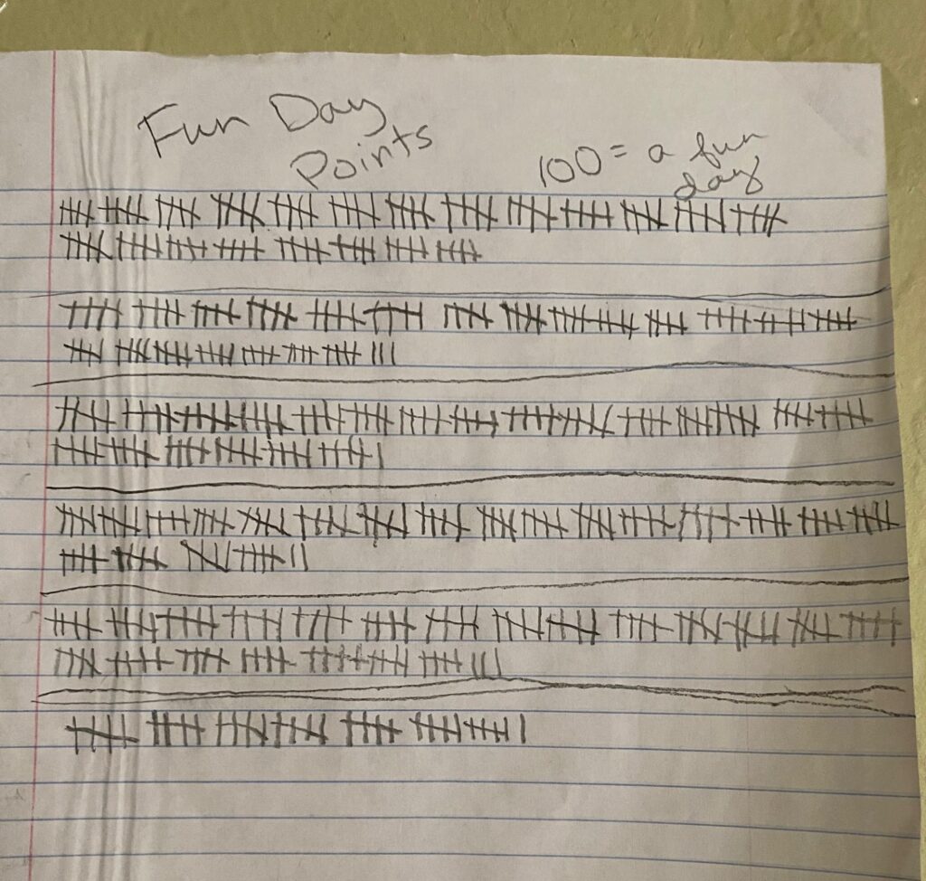 notebook paper titled "fun day points" with lots of tally marks